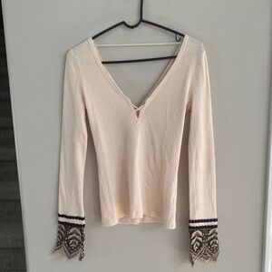 Free People Cream V-Neck Blouse with Black Lace Cuffs